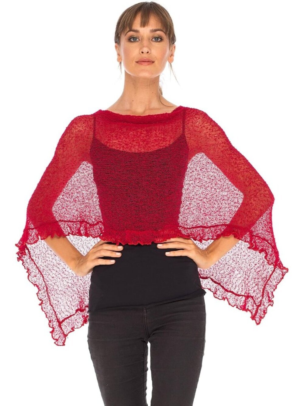 Women’s Cherry Red Sheer Knit Poncho Shrug Lightweight Asymmetrical Ruffle Wraps